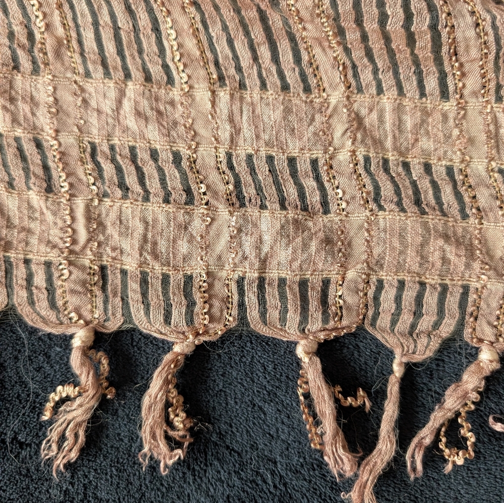 Camel Tan Boho Textured Fringe Shawl Sheer Lightweight Neutral Scarf Eco Fairy image 8